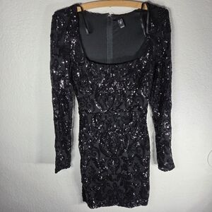Windsor Sequin Black Mini Dress Size Small Long Sleeves Square Neck
